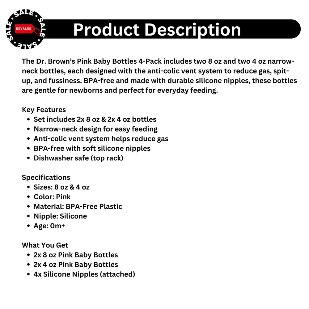Dr. Brown's Pink 4 Pack Baby‎ Bottles Set – 2x 8 oz + 2x 4 oz BPA-Free